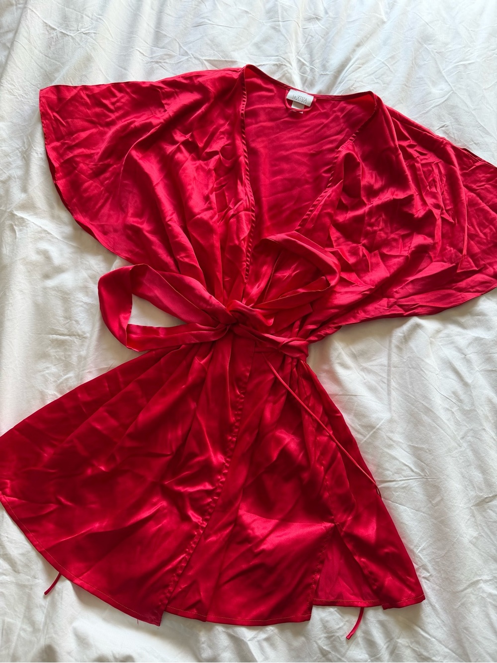 La SENZA Vibrant Red Satin Wrap Robe with Bling Logo Side Slit Vintage Y2K L XL